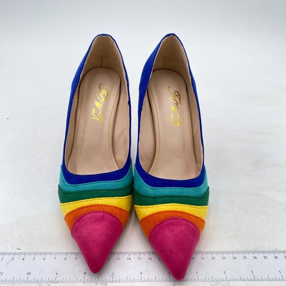 FOWT Navy Rainbow Wave Pattern Pointed Toe Jewelry High Heel Slip On Party Pumps - Picture 2 of 7